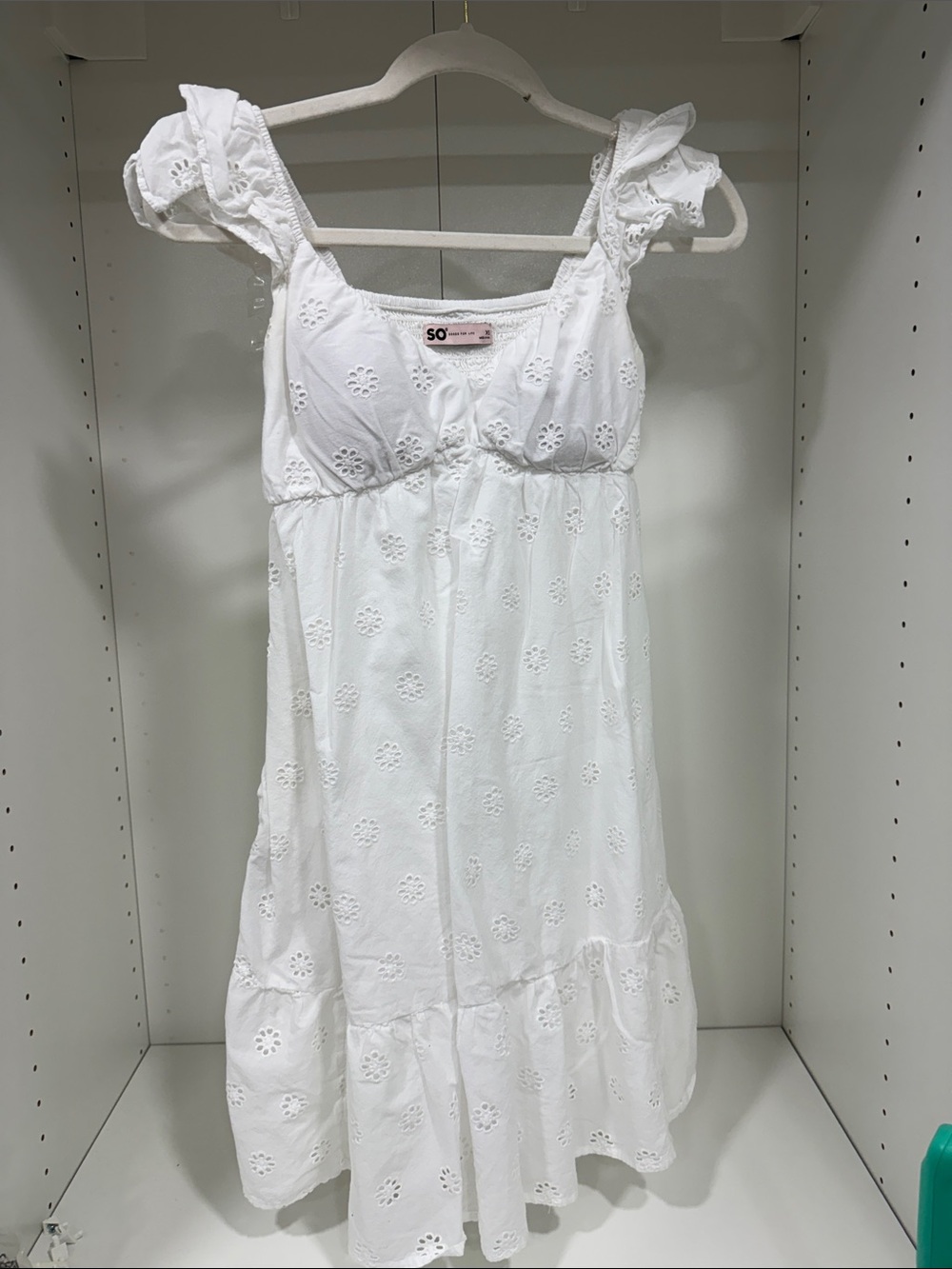 SO White Eyelet Ruffle-Shoulder Cotton Chemise Dress
